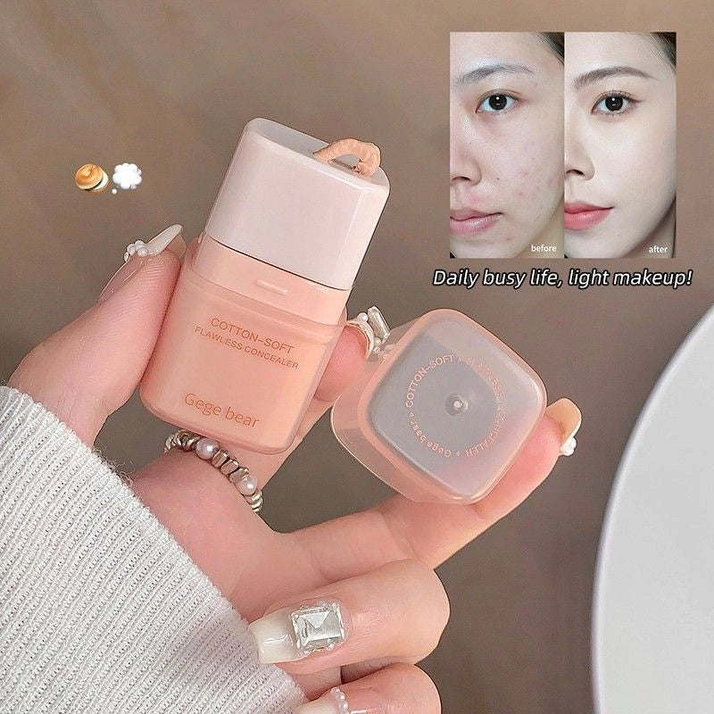 Hand holding a cosmetic bottle with 'Gege bear' branding, showing a 'before' and 'after' comparison of skin on a blurred background.