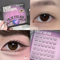 False eyelash packaging, application on eye, and product sheet with 'GEGE BEAR' branding.