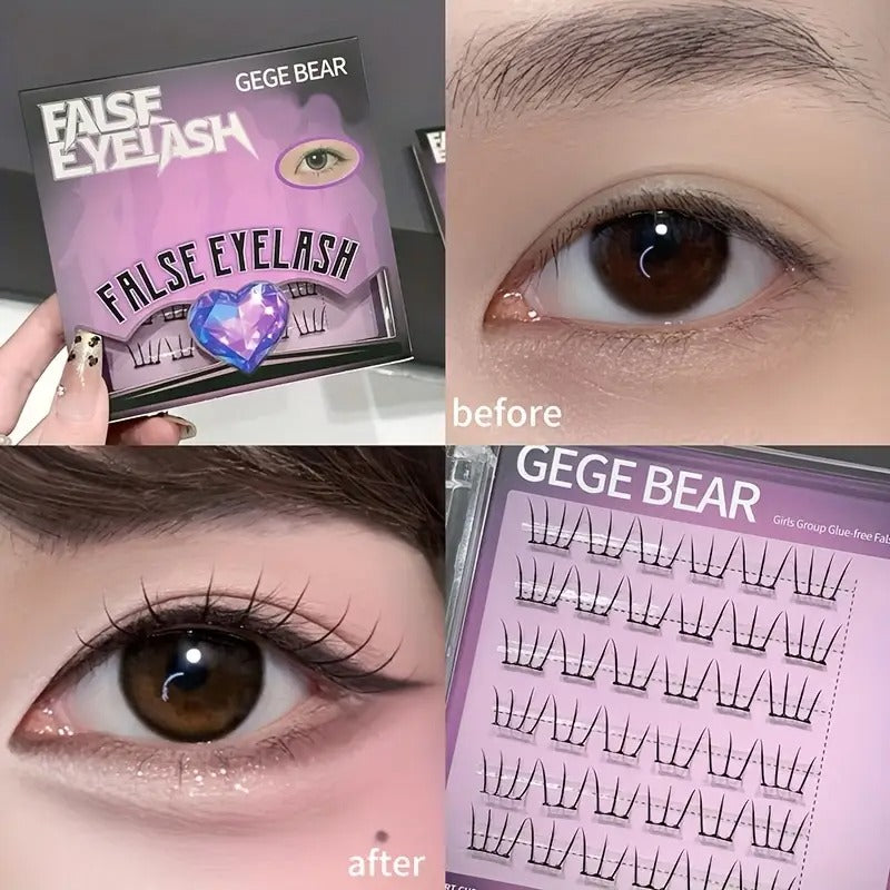 False eyelash packaging, application on eye, and product sheet with 'GEGE BEAR' branding.