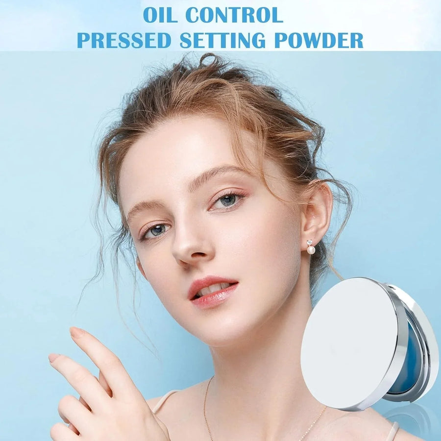 Woman holding CandyBella Oil Control Compact Powder showing smooth matte makeup finish on blue background