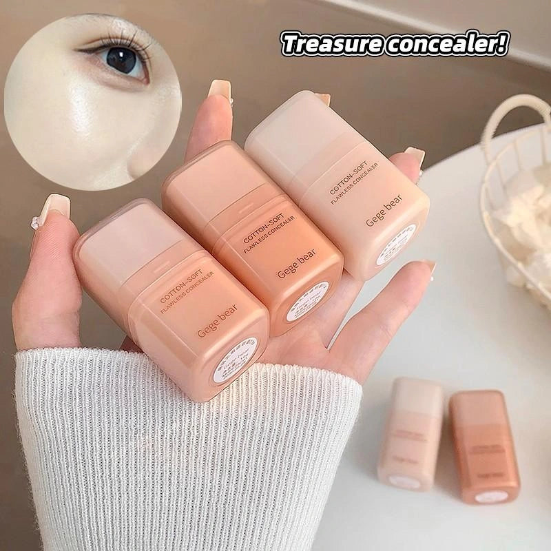 Hand holding four bottles of 'gege bear' concealers with a close-up of an eye wearing the concealer.