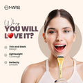 Woman holding a makeup brush with MARS branding and product features listed.