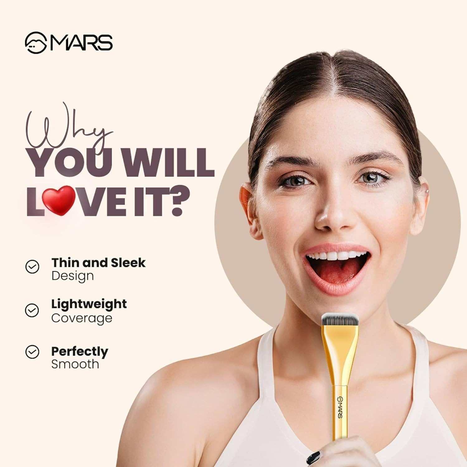 Woman holding a makeup brush with MARS branding and product features listed.