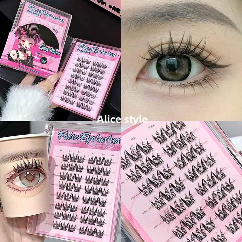 Collage of false eyelashes packaging and application on an eye, with 'gege bear' branding.