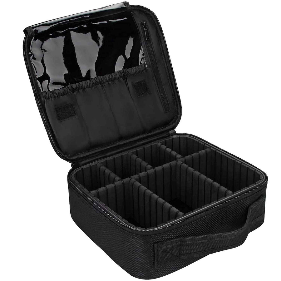 Black travel case with compartments on a white background
