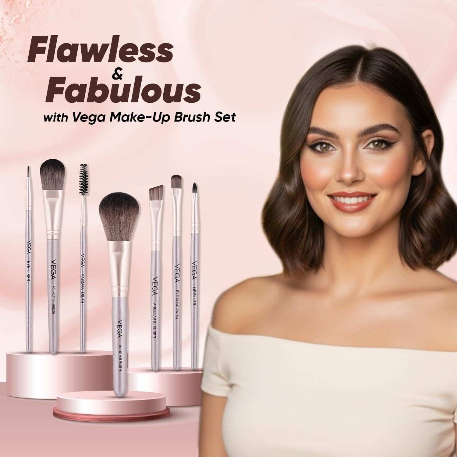 Woman with makeup brushes and 'Flawless & Fabulous' text on a pink background