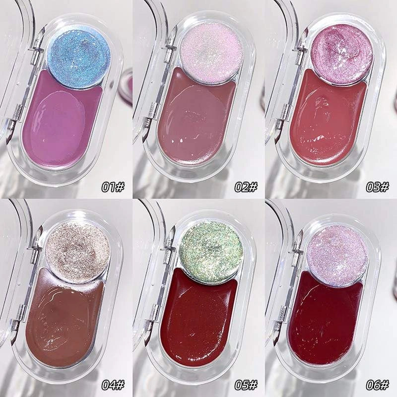 Collage of glittery and matte blush and highlighter cases with shades marking on the side 