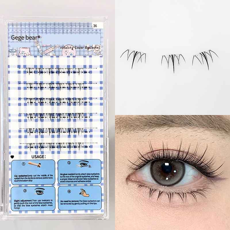 False eyelashes packaging with application instructions and a close-up of an eye wearing the false eyelashes.