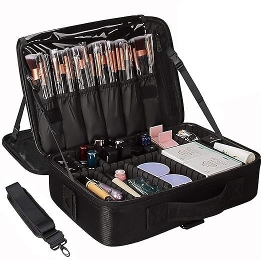 Black makeup organizer with various cosmetic items on a white background