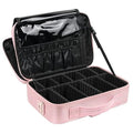 Pink makeup case with black interior compartments on a white background