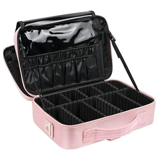 Pink makeup case with black interior compartments on a white background