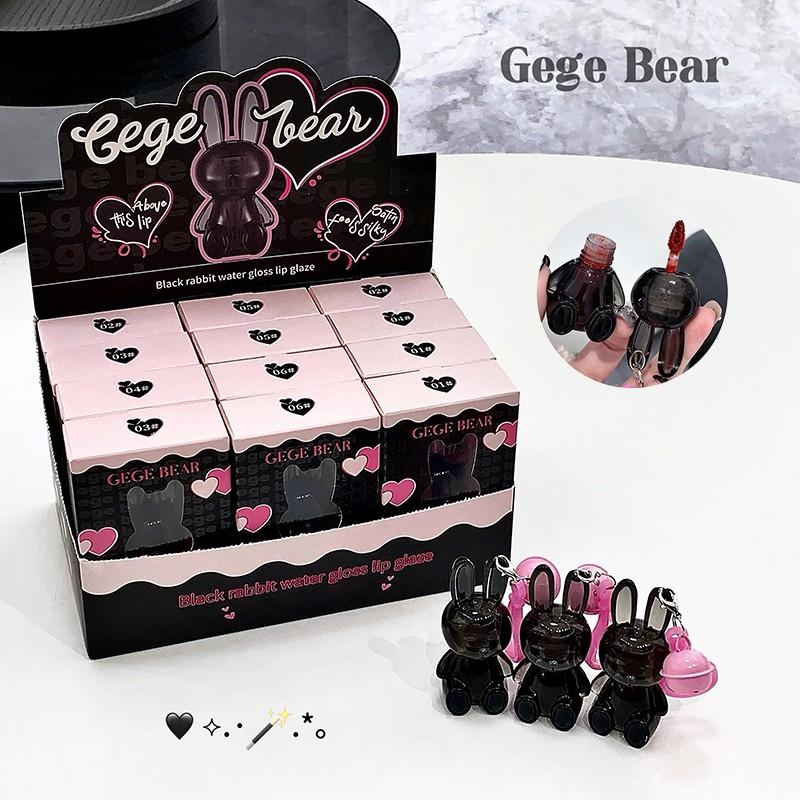 Gege Bear black rabbit water gloss lip glaze with packaging and accessories on a white background