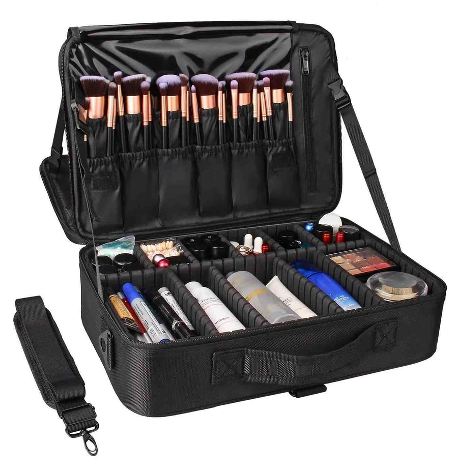 Black makeup case with brushes and cosmetic items on a white background