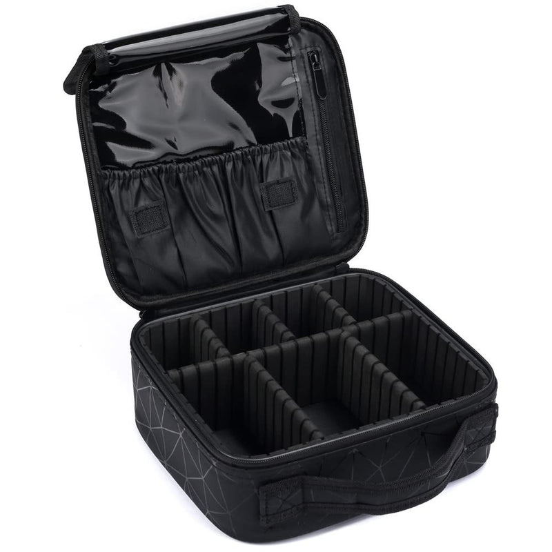 Black makup bag with compartments on a white background