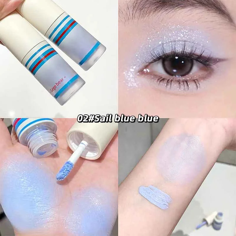 blue liquid shimmer eyeshadow with application on skin and close-up of eye color swatch gege bear printed on the bottle 