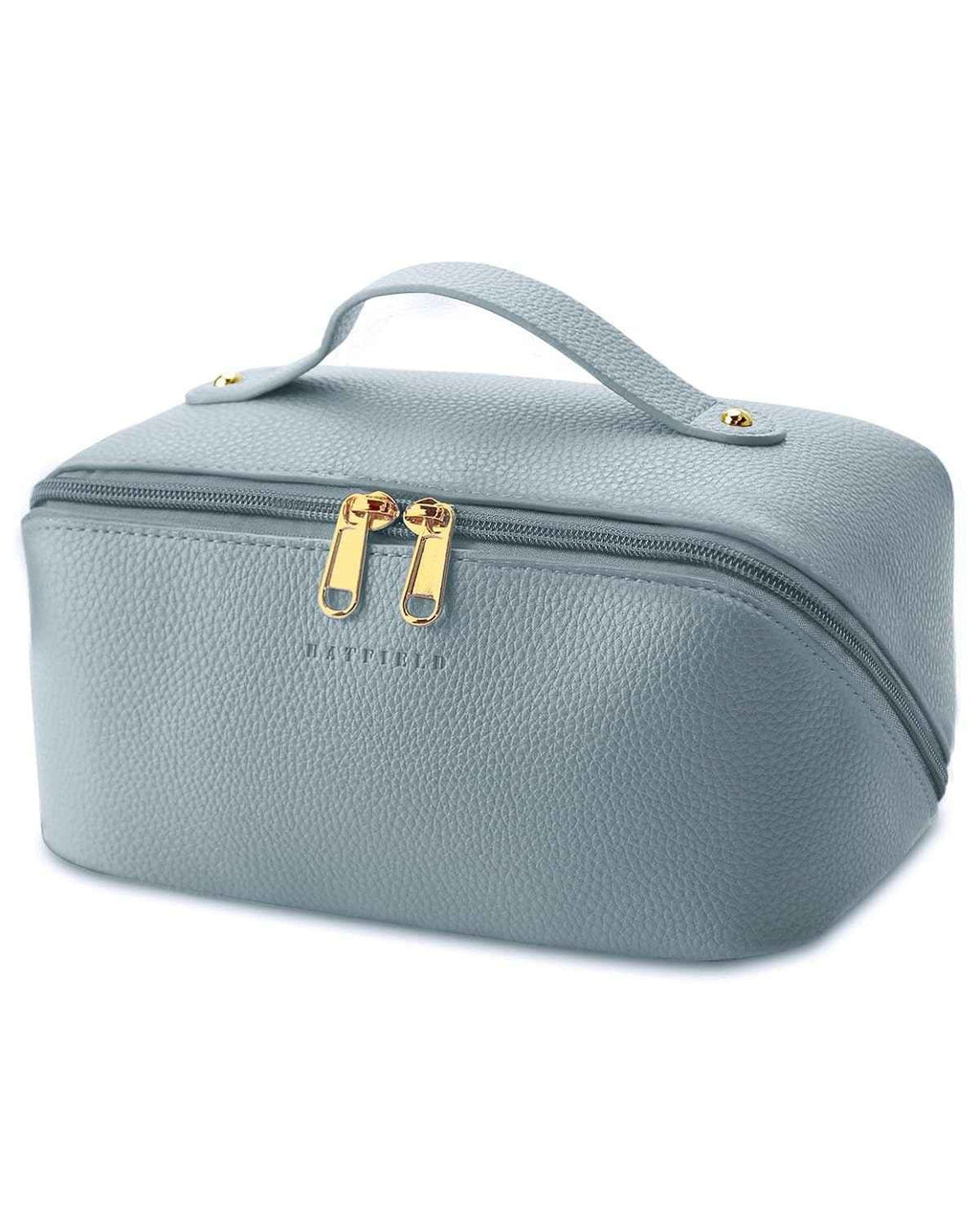 Light blue cosmetic bag with gold zippers on a white background