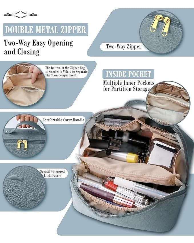 Cosmetic bag with features highlighted on a light blue background