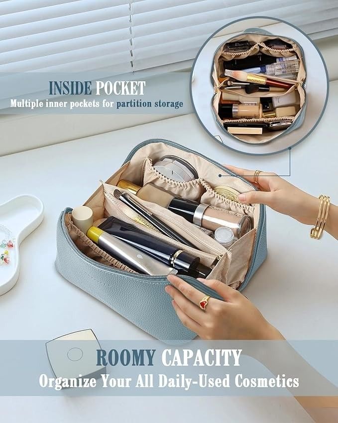 Makeup organizer with multiple compartments and a hand reaching in to grab a product, set against a neutral background.