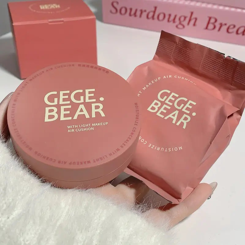 “Gege Bear Lightweight BB Cream Air Cushion compact with cute bear design, includes one refill, featuring hydrating lightweight formula, natural brightening, breathable non-cakey coverage, and soft matte finish suitable for all skin types.”