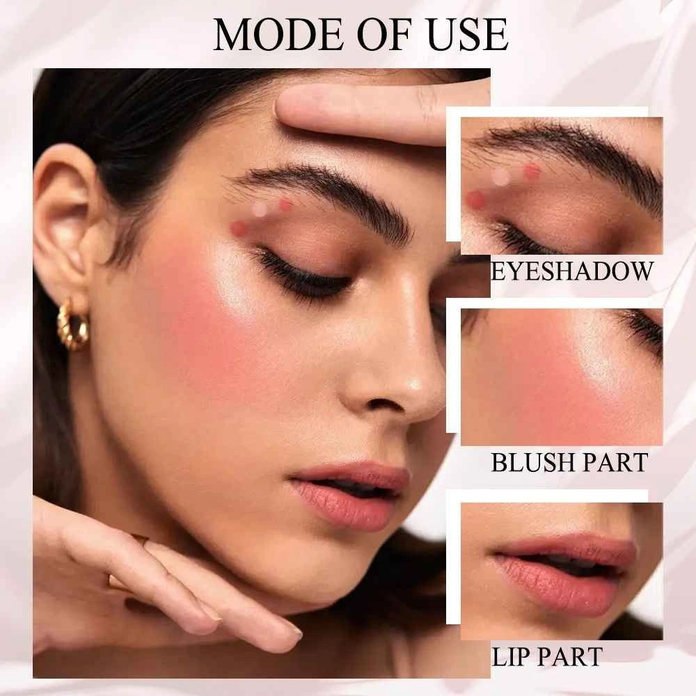 Mode of use for makeup blush on a woman's face with close-up shots of eyeshadow, blush, and lip parts.