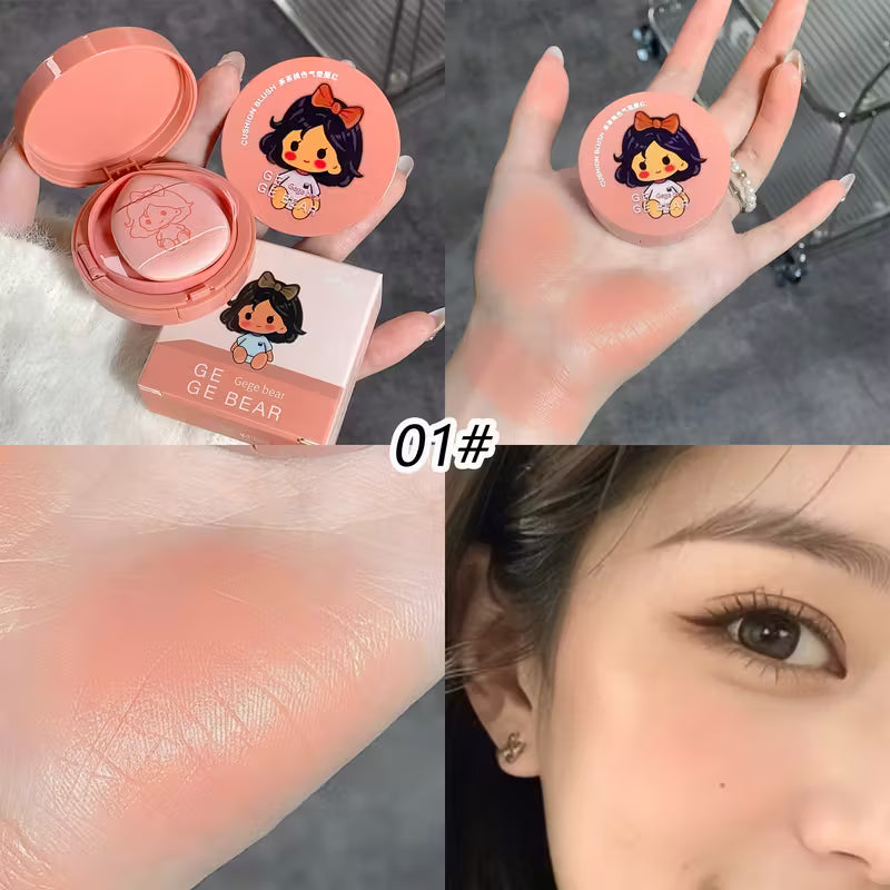 Makeup blush with cartoon character packaging, applied on skin, and close-up of eye.