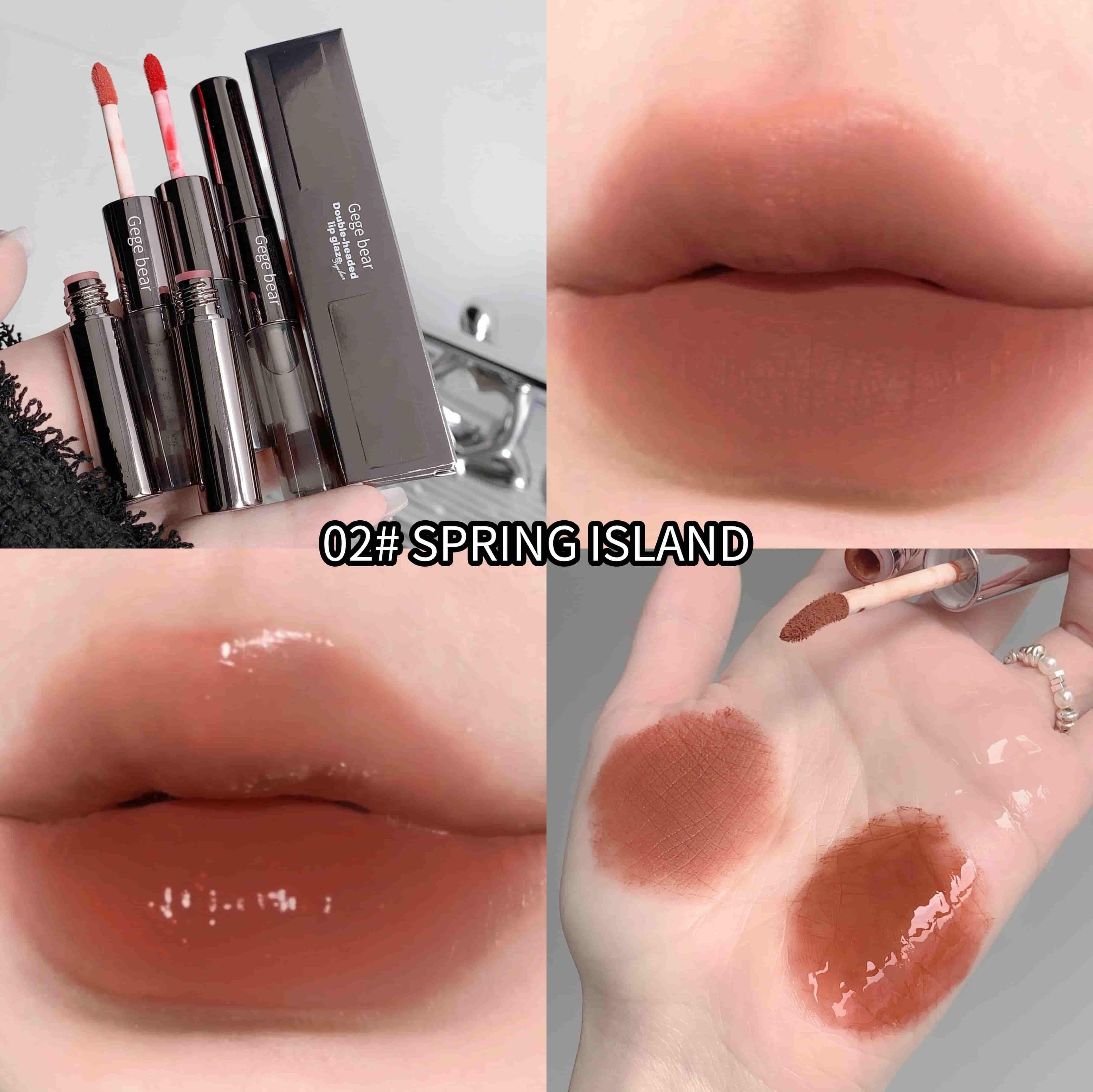 Collage of a lipstick set with close-ups of the product on lips and swatched on skin.