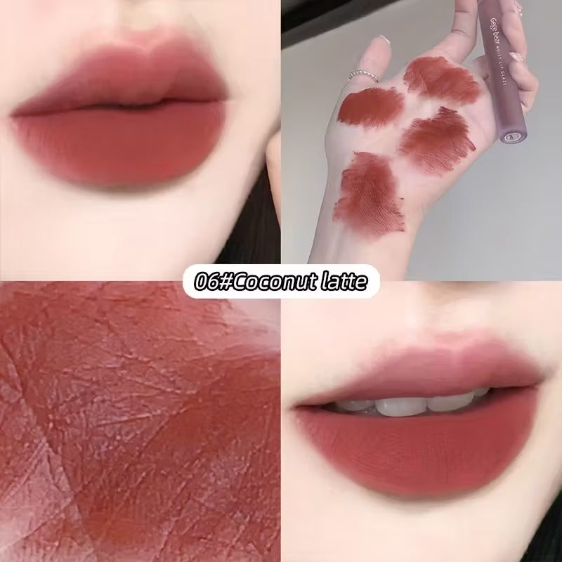 Lipstick shade 06# Coconut Latte shown on lips, swatched on skin, and close-up texture.