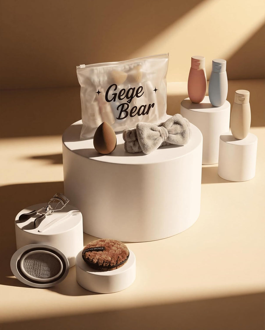 brown beauty blender set in a pouch branded gege bear along with plastic bottles headband makeup cleansing pad eye curler cleansing tube