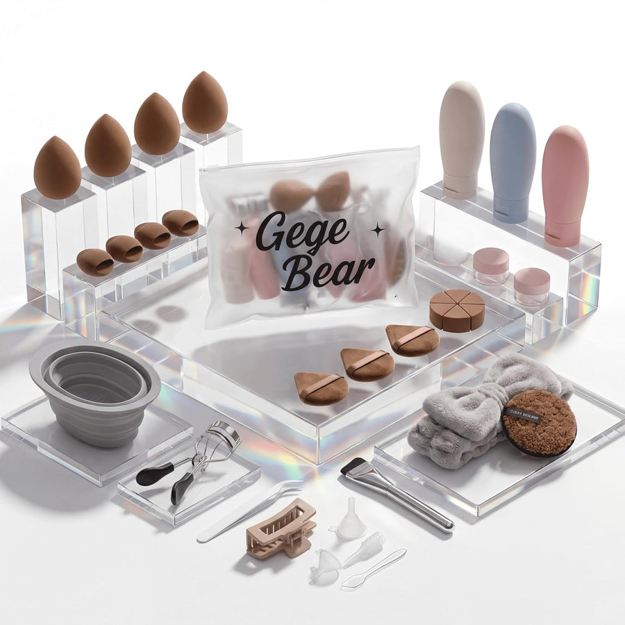 brown beauty blender  set of 38 branded gege bear along with plastic bottles foundation brush hair clip tweezers brush cleaning bucket 