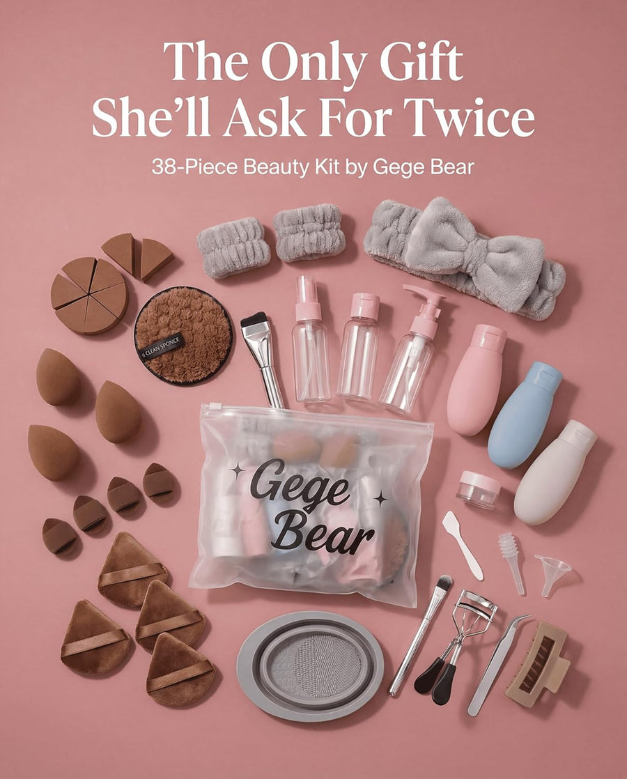 brown beauty blender set of 38 by gege bear on a pink background  