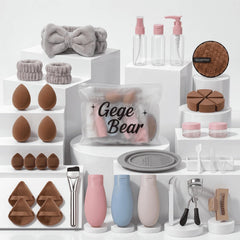 brown beauty blender set of 38 with plastic travel kit by gege bear on a white background 