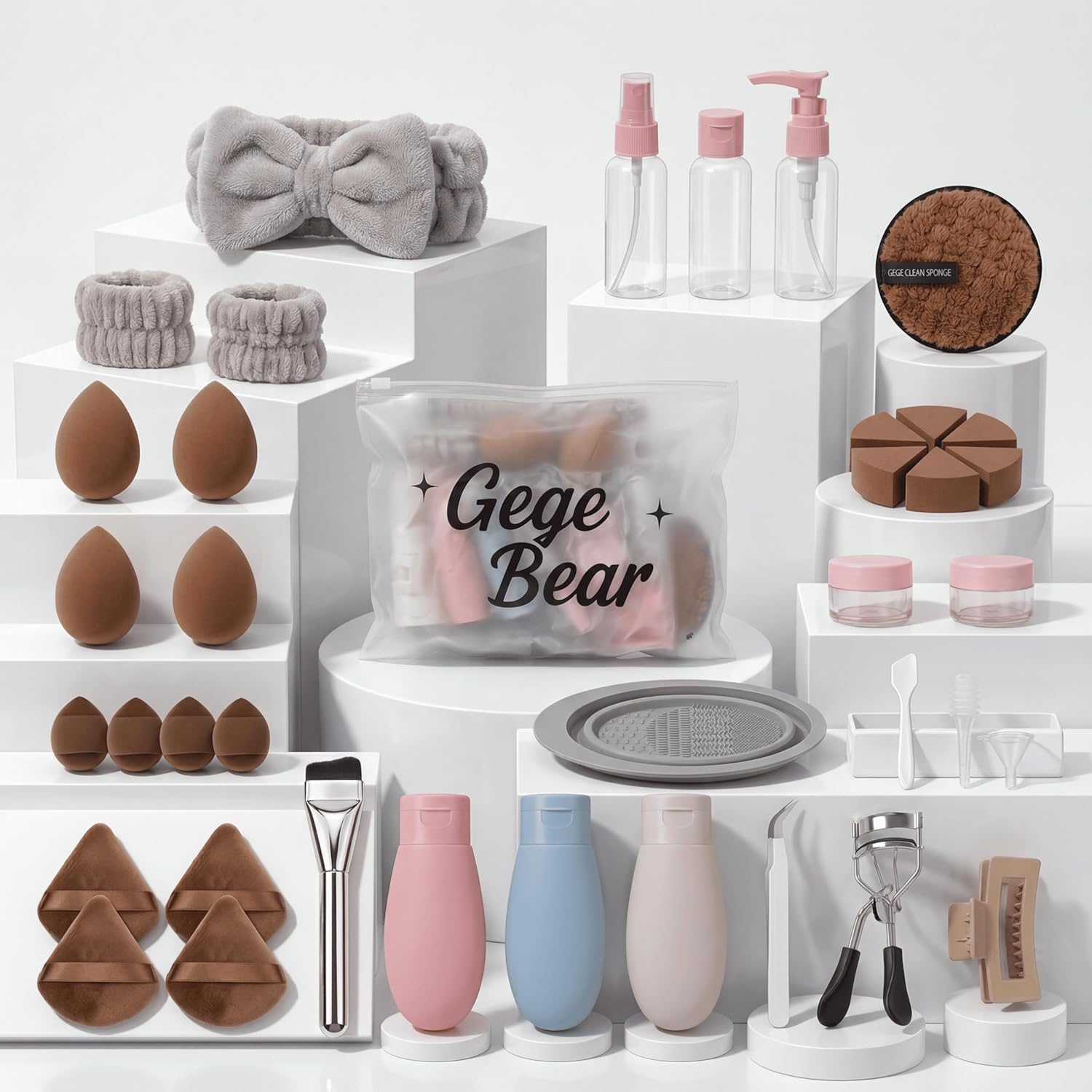 brown beauty blender set of 38 with plastic travel kit by gege bear on a white background 