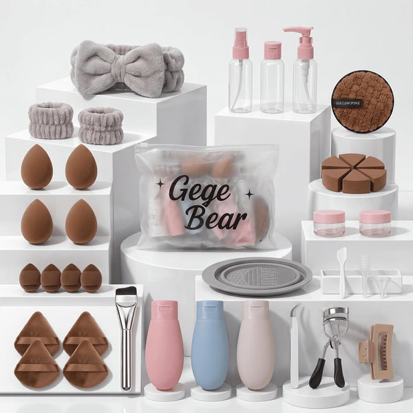 brown beauty blender set of 38 with plastic travel kit by gege bear on a white background 