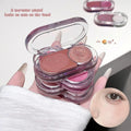 highlighting creamy texture of brown blush with brown shimmer in a single transparent palette on a blurry white background 