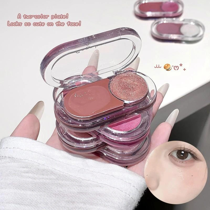 highlighting creamy texture of brown blush with brown shimmer in a single transparent palette on a blurry white background 