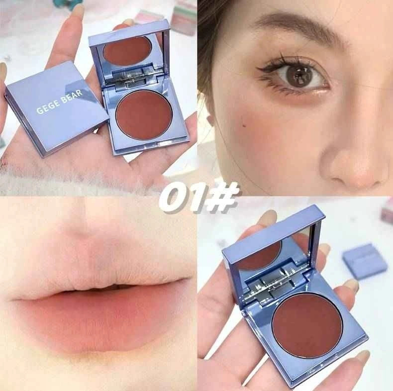 Makeup blush with 'GEGE BEAR' branding, shown on skin for color match.