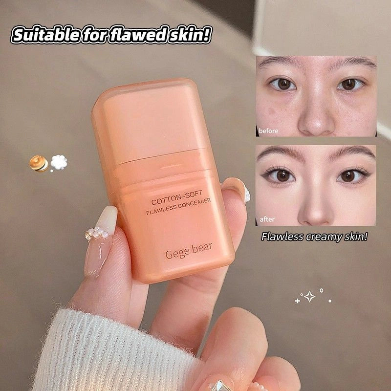 Cotton-soft flawless concealer held by a hand with 'Gee bear' branding, showing before and after effects on skin.