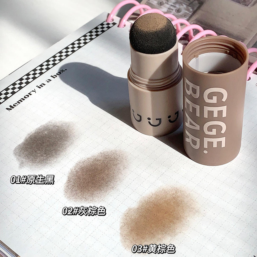 hairline stick with three color swatches on a magazine page, featuring the brand 'GEGE BEAR'.