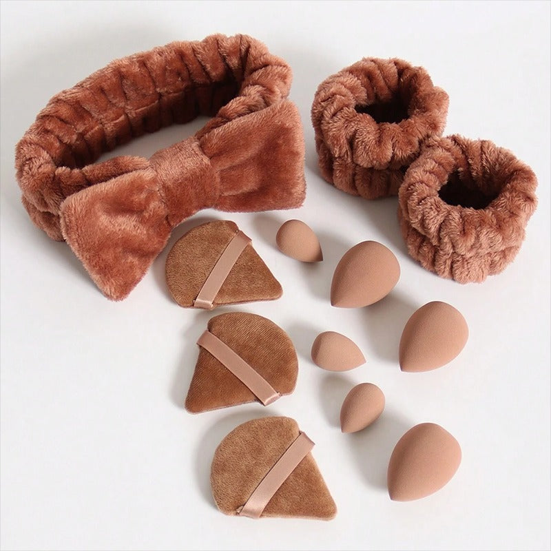 Set of brown fuzzy headbands and wristbands, egg shaped puffs, pizza puffs on a white background