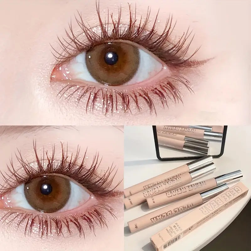 Close-up of eyes with long lashes gege bear mascara being applied 