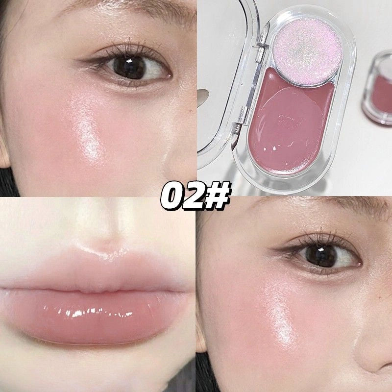 Makeup matte brown blush with nude pink shimmer highlighter with close-up shots of a woman's face applying it.