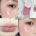 Makeup matte brown blush with nude pink shimmer highlighter with close-up shots of a woman's face applying it.