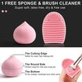 Pink makeup sponge and brush cleaner with features highlighted on a black background