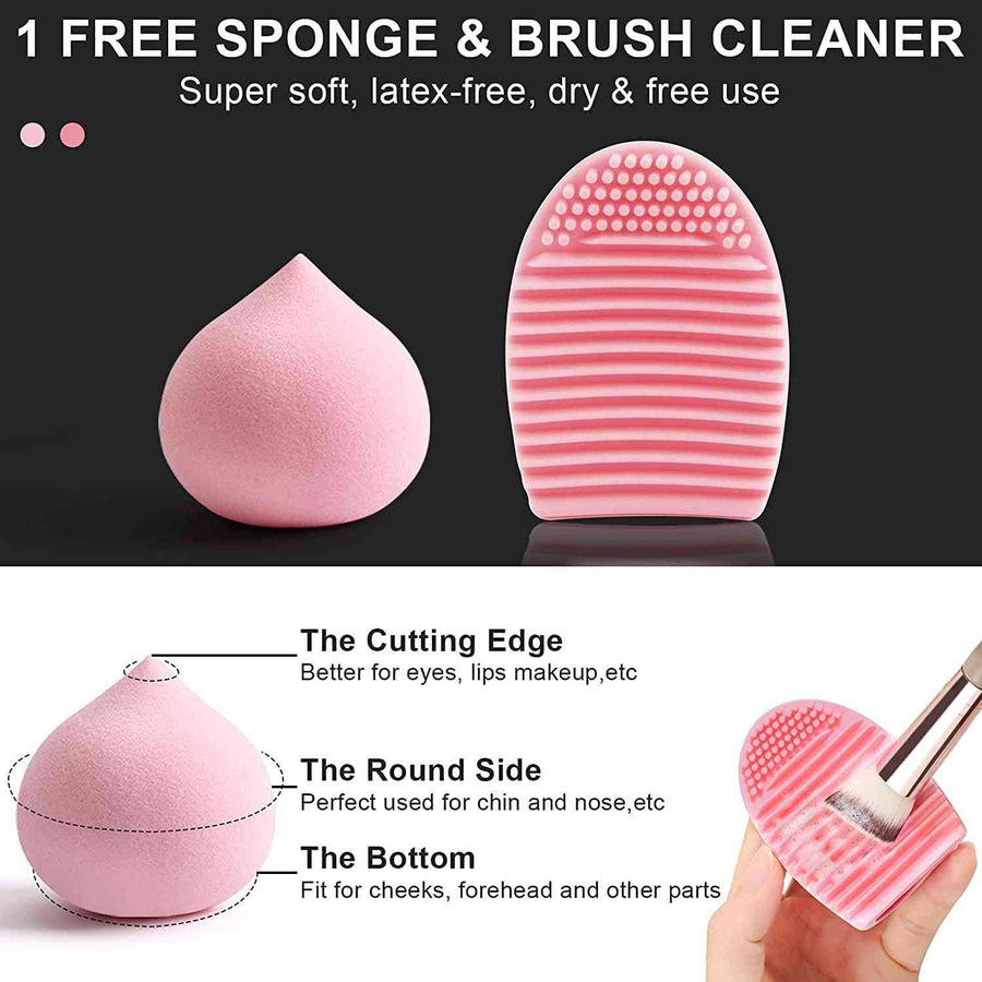 Pink makeup sponge and brush cleaner with features highlighted on a black background
