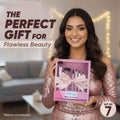 Woman holding a VEGA makeup brushes set with decorative text about it being a perfect gift for flawless beauty.