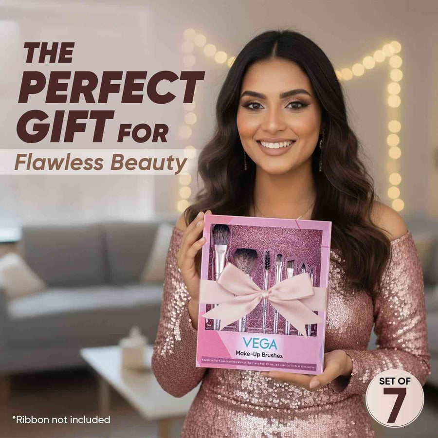 Woman holding a VEGA makeup brushes set with decorative text about it being a perfect gift for flawless beauty.