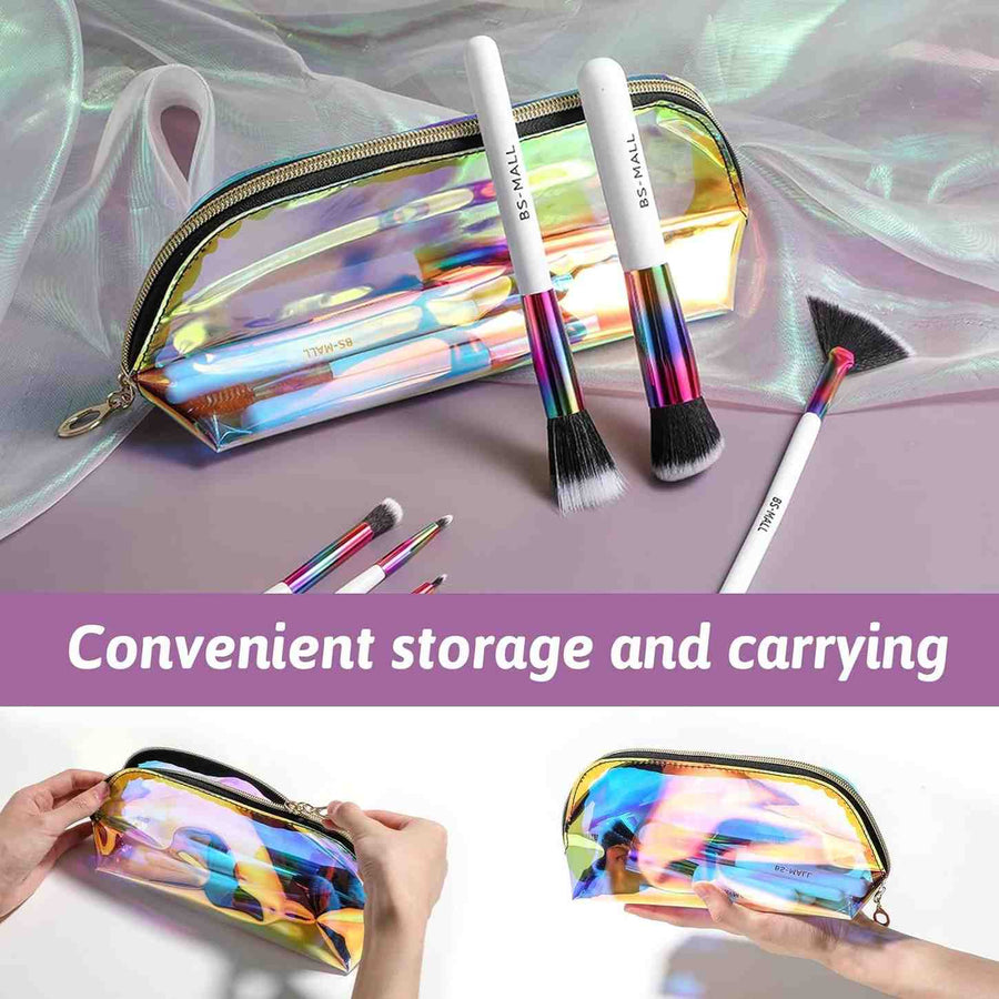Makeup brushes with a transparent colorful pouch on a light background