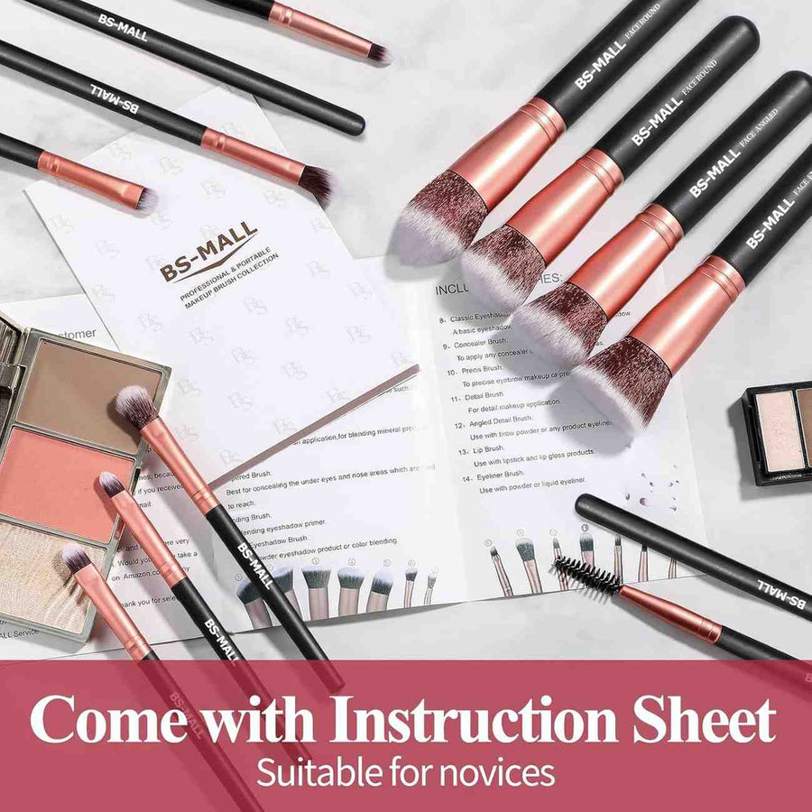 Makeup brushes with rose gold accents on a white surface with an instruction sheet, suitable for novices.