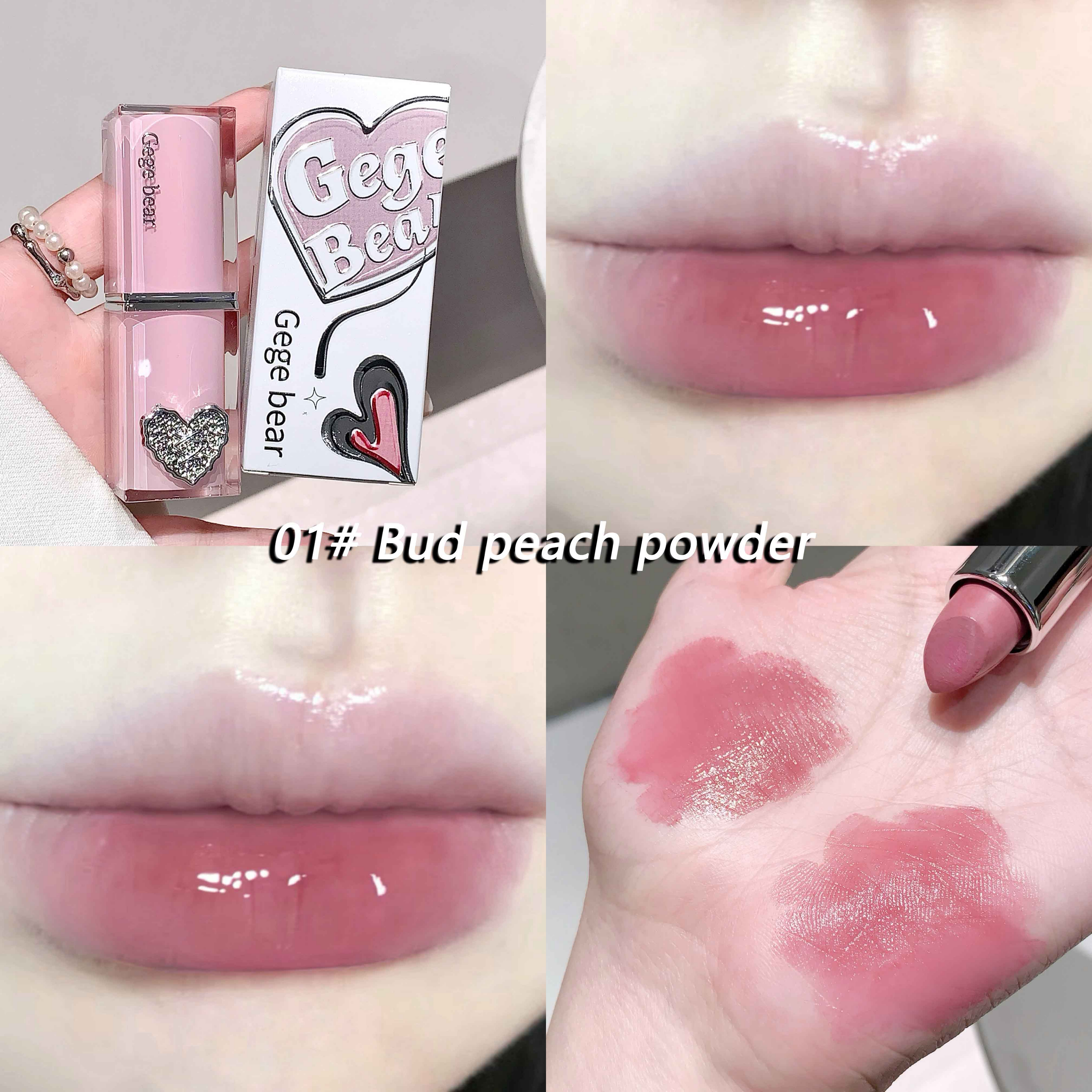 Pink lipstick with packaging, applied on lips and swatched on skin
