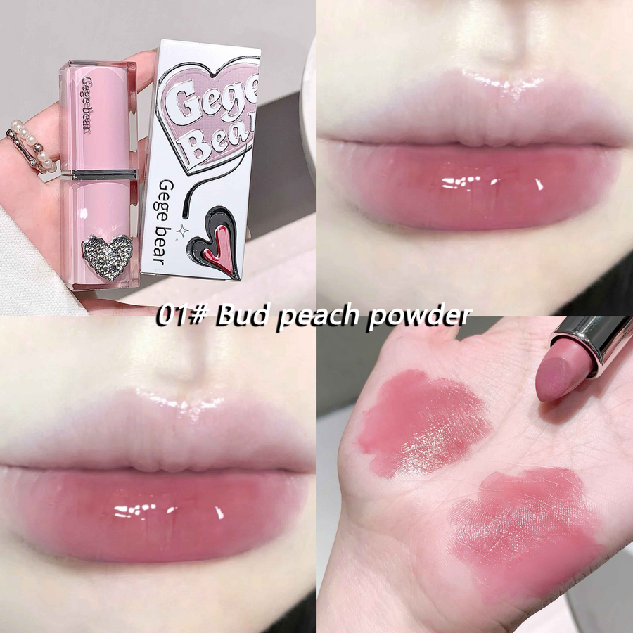 Pink lipstick with packaging, applied on lips and swatched on skin